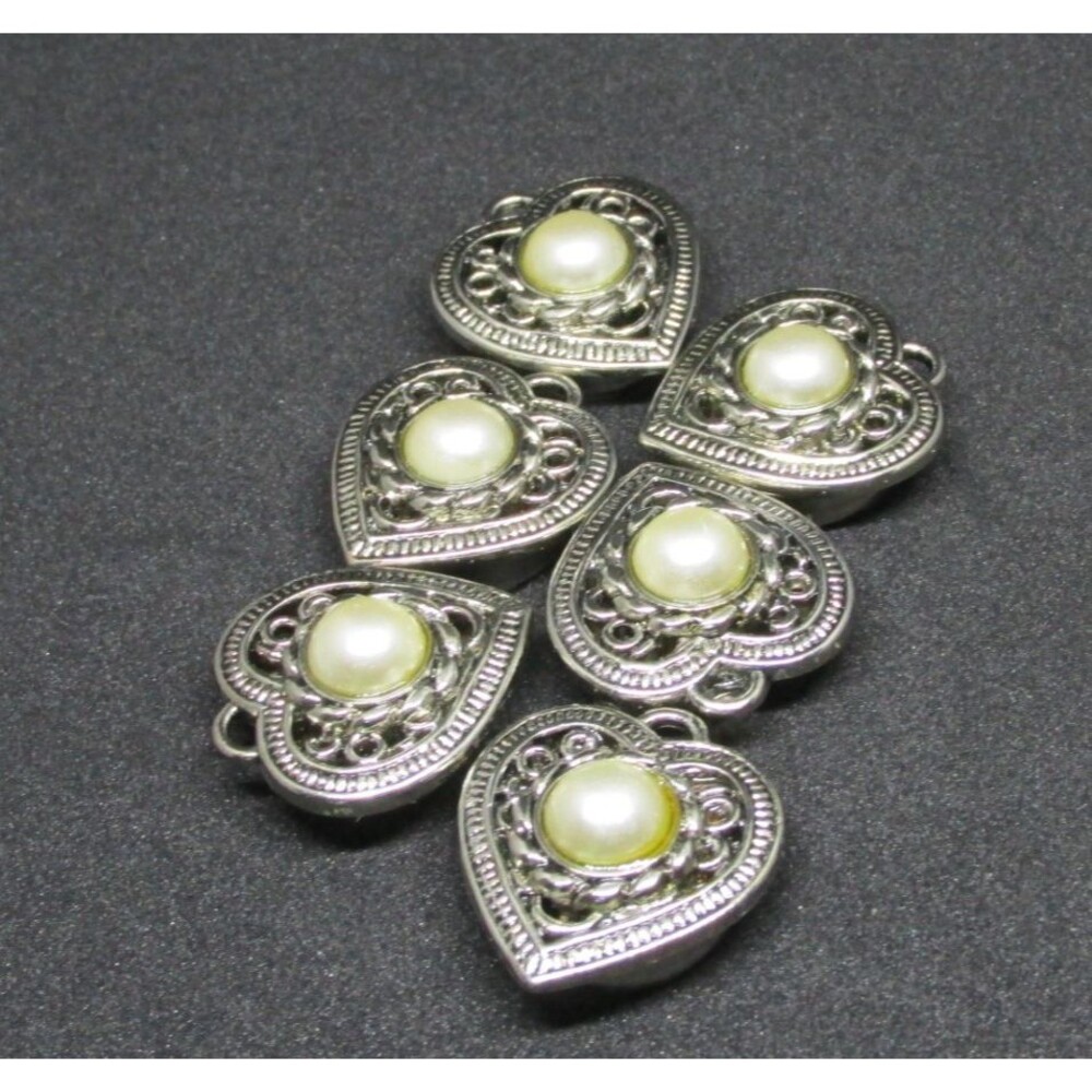 Button Covers Set of 6 Heart Shaped Silver Tone Pearl Vintage